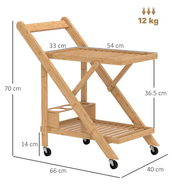 HOMCOM Carrello da Cucina Portavivande Pieghevole a 2 Livelli con Portabottiglie in Legno di Bambù
