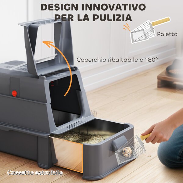PawHut Lettiera per Gatti Chiusa da 80L con Vassoio Estraibile, in ABS e Acciaio Inox, 63x43x43 cm, Grigio Scuro | Aosom Italy