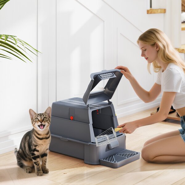 PawHut Lettiera per Gatti Chiusa da 80L con Vassoio Estraibile, in ABS e Acciaio Inox, 63x43x43 cm, Grigio Scuro | Aosom Italy