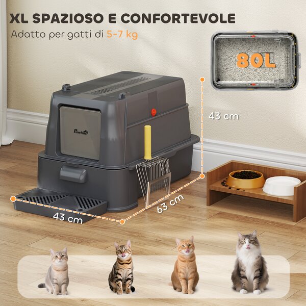 PawHut Lettiera per Gatti Chiusa da 80L con Vassoio Estraibile, in ABS e Acciaio Inox, 63x43x43 cm, Grigio Scuro | Aosom Italy