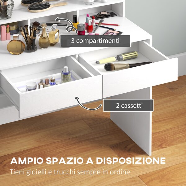 HOMCOM Tavolo da Trucco con Specchio e 10 Luci LED Regolabili, 2 Cassetti e 3 Scomparti, 80x40x135 cm, Bianco | Aosom Italy
