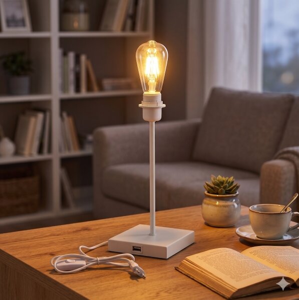 Lampada da tavolo bianca con porta USB, attacco 1x E27, 15W, 230V