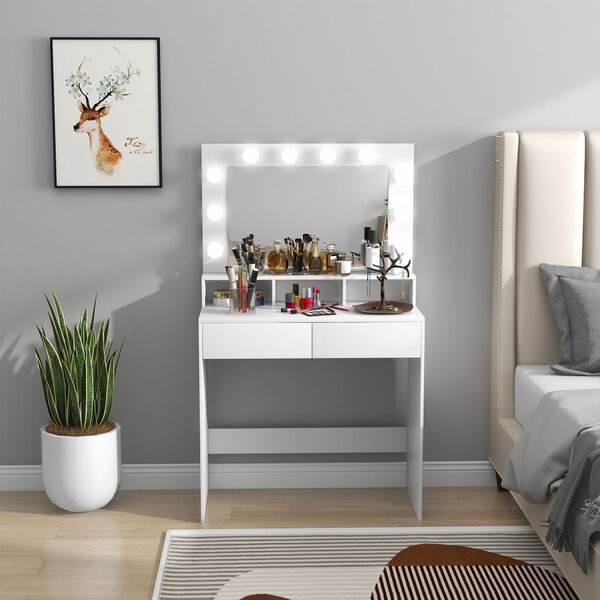 HOMCOM Tavolo da Trucco con Specchio e 10 Luci LED Regolabili, 2 Cassetti e 3 Scomparti, 80x40x135 cm, Bianco | Aosom Italy