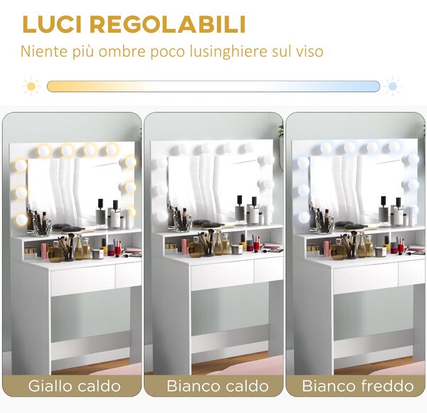 HOMCOM Tavolo da Trucco con Specchio e 10 Luci LED Regolabili, 2 Cassetti e 3 Scomparti, 80x40x135 cm, Bianco | Aosom Italy