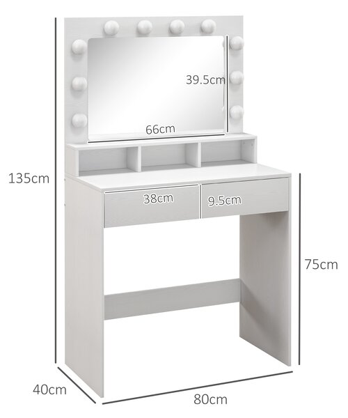 HOMCOM Tavolo da Trucco con Specchio e 10 Luci LED Regolabili, 2 Cassetti e 3 Scomparti, 80x40x135 cm, Bianco | Aosom Italy