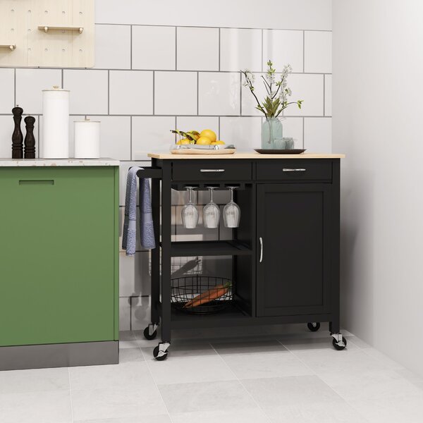 Carrello da Cucina Salvaspazio 89x40x84 cm con Cassetti Ripiani e Ruote in MDF e Legno Nero