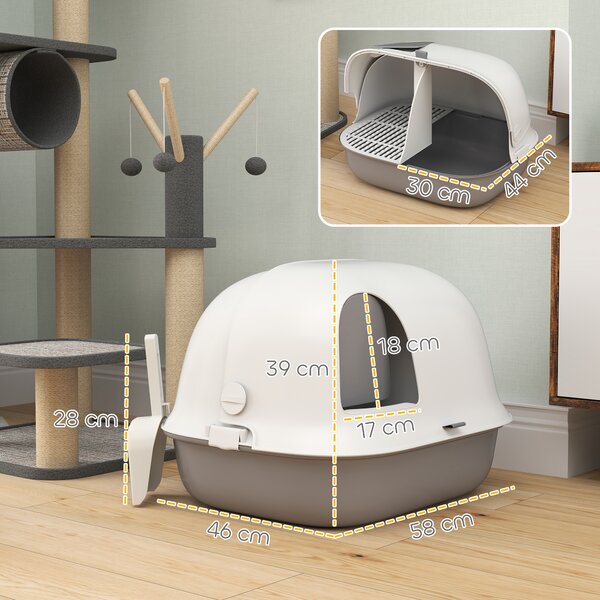 PawHut Lettiera per Gatti Chiusa con Gattaiola e Paletta, in PP, 58x46x39 cm, Grigio Chiaro e Bianco