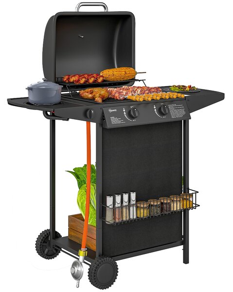 Outsunny Barbecue a Gas con 3 Bruciatori Indipendenti e Coperchio con Termometro, 108x54x97 cm, Nero