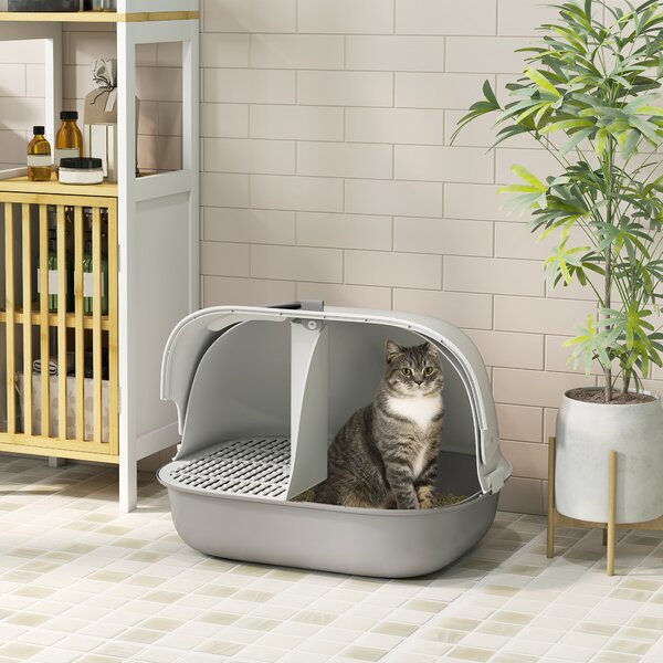 PawHut Lettiera per Gatti Chiusa con Gattaiola e Paletta, in PP, 58x46x39 cm, Grigio Chiaro e Bianco