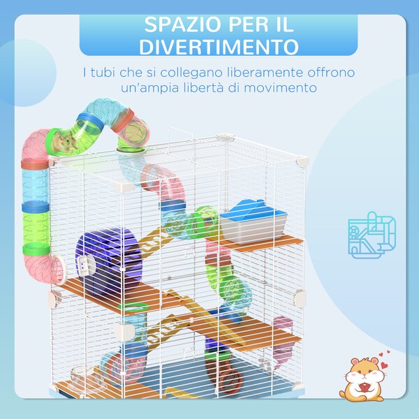PawHut Gabbia per Criceti a 5 Livelli con Tubi, Ruota, Scale, Casetta e Bottiglia, in Metallo, PP e PS, 46x30x58 cm