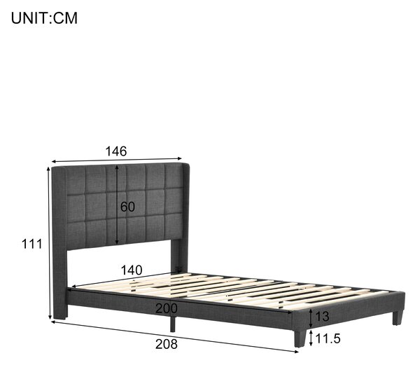 Letto Matrimoniale con Testiera Imbottita e rete a Doghe, Lino, 140x200 cm, Grigio