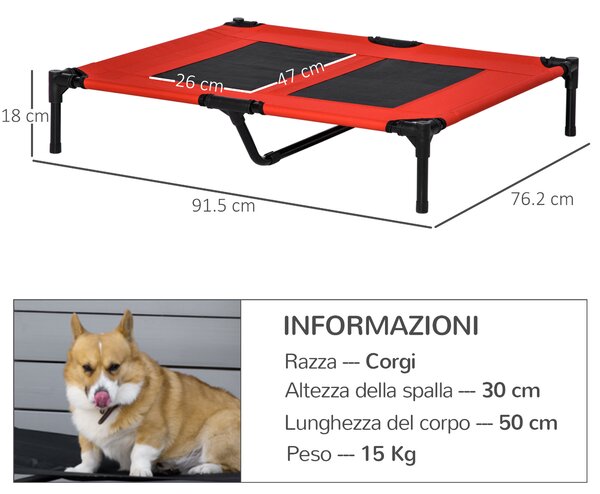 PawHut Lettino per Cani Grandi Rialzato con Tessuto a Rete, Peso Massimo 30kg, 91.5x76.2x18 cm, Rosso|Aosom