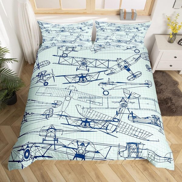 Elzusha - Set di lenzuola con motivo aereo - Blu/Bianco - Singolo