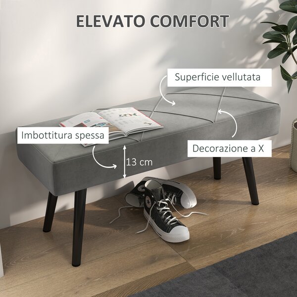 HOMCOM Panca Fondo Letto Imbottita in Velluto con Gambe in Acciaio, 100x36x45cm, Grigio|Aosom