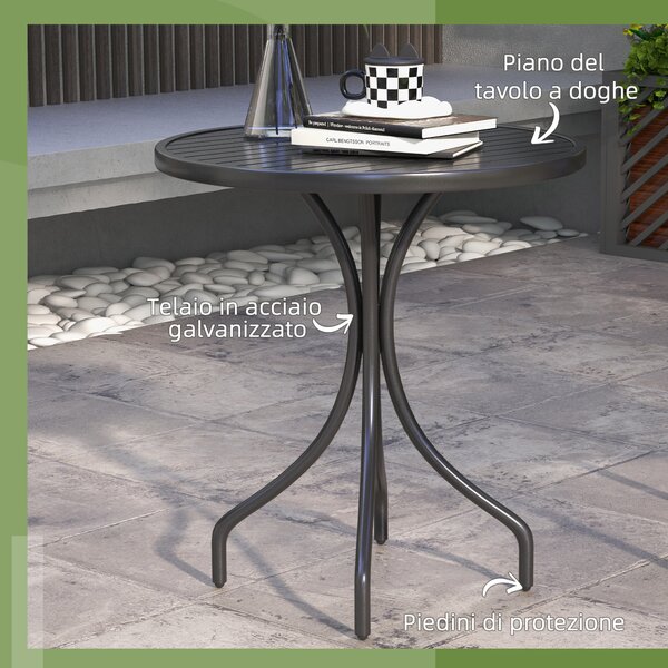 Outsunny Tavolo da Giardino Rotondo con Piano a Doghe in Acciaio, Ø66x71.5cm, Nero|Aosom
