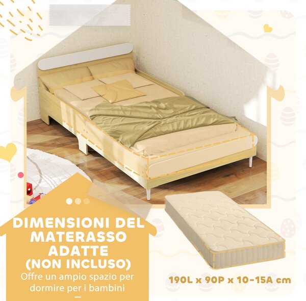 AIYAPLAY Letto per Bambini 3-10 Anni Basso con Sponde Laterali Alte, in Legno, 194.8x103x60.5 cm, Bianco e color Legno