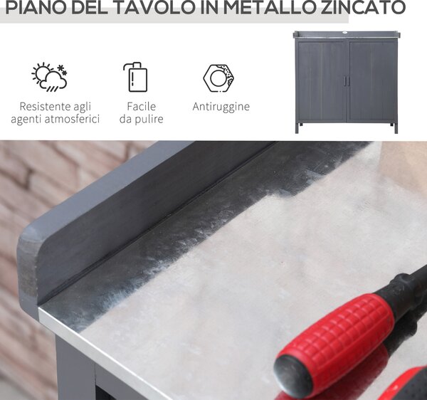 Outsunny Armadietto da Esterno in Legno con Piano in Metallo e 2 Ripiani Porta Attrezzi, 98x48x95.5 cm, Grigio|Aosom