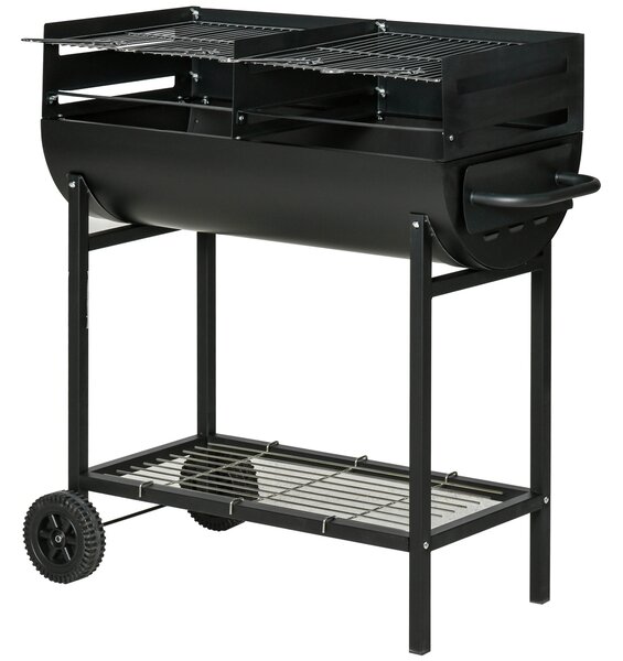 Outsunny Barbecue con 2 Griglie Indipendenti in Acciaio, 2 Ruote e Ripiano Inferiore, 90x45x96 cm, Nero | Aosom Italy