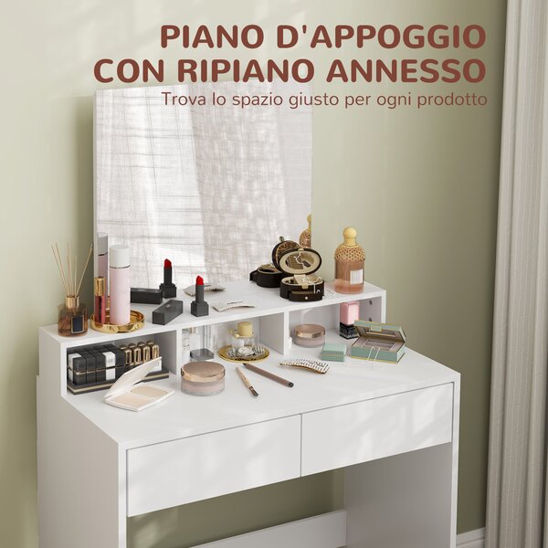 HOMCOM Tavolo da Trucco con Specchio, 3 Ripiani, 2 Cassetti e Sgabello, in Legno, 75x38x135 cm, Bianco