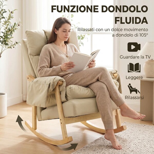 HOMCOM Sedia a Dondolo in Tessuto Tecnico Imbottita, Seduta Profonda, Tasche Laterali, Gambe in Legno di Caucciù, Beige | Aosom Italy
