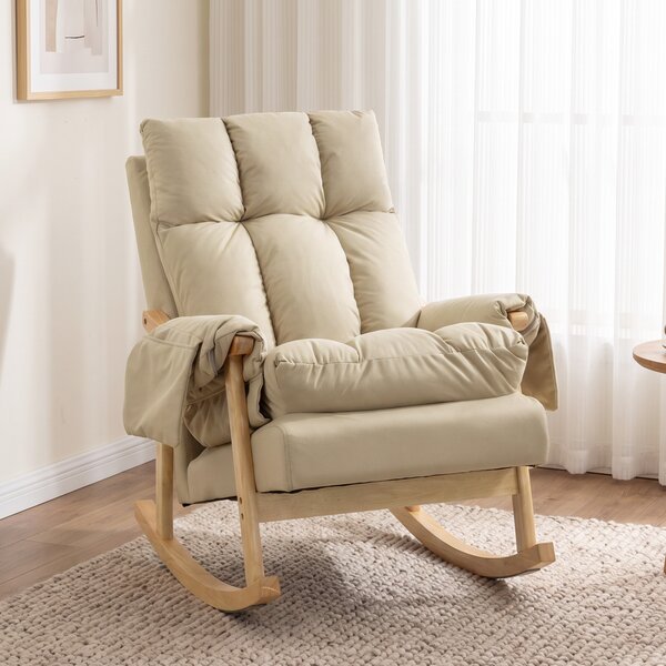 HOMCOM Sedia a Dondolo in Tessuto Tecnico Imbottita, Seduta Profonda, Tasche Laterali, Gambe in Legno di Caucciù, Beige | Aosom Italy