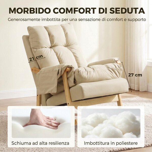 HOMCOM Sedia a Dondolo in Tessuto Tecnico Imbottita, Seduta Profonda, Tasche Laterali, Gambe in Legno di Caucciù, Beige | Aosom Italy
