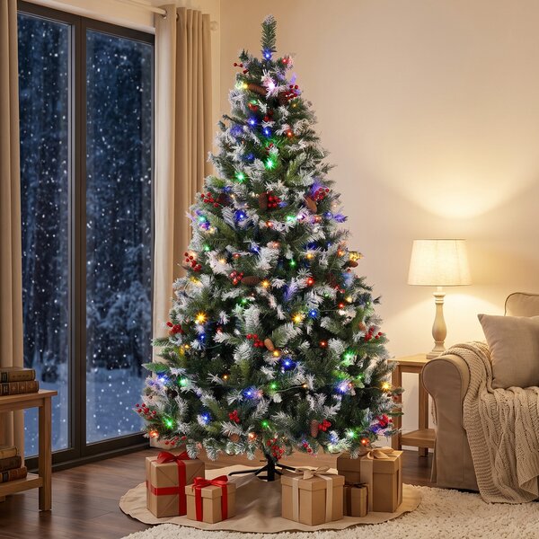 Albero di Natale Innevato Ø115x180 cm con 250 LED a 2 Colori Telecomando 11 Modalità Pigne e Bacche Rosse in PVC