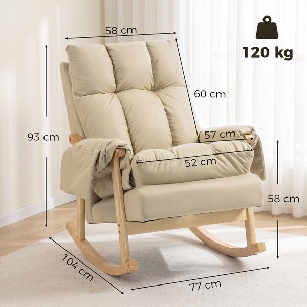 HOMCOM Sedia a Dondolo in Tessuto Tecnico Imbottita, Seduta Profonda, Tasche Laterali, Gambe in Legno di Caucciù, Beige | Aosom Italy