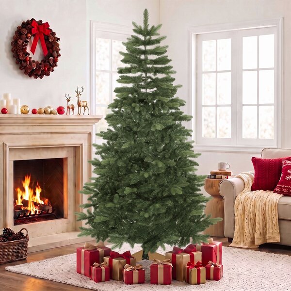 Albero di Natale Artificiale Ø130x210 cm con 1161 Rami e Base Pieghevole in Legno e Metallo Verde