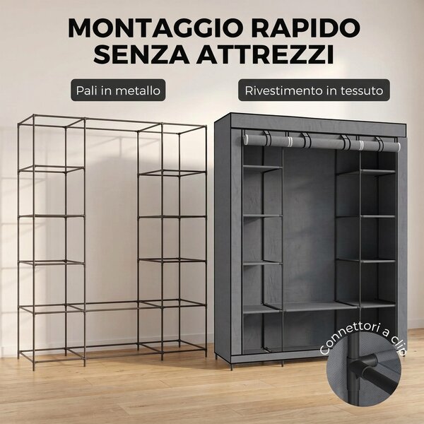 HOMCOM Armadio in Tessuto Salvaspazio con Barra Appendiabiti e 11 Ripiani, 135x45x175 cm, per Camera da Letto, Grigio | Aosom Italy