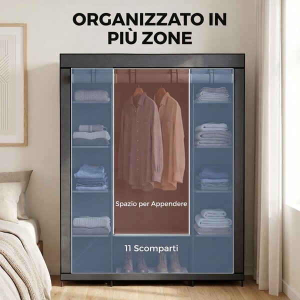 HOMCOM Armadio in Tessuto Salvaspazio con Barra Appendiabiti e 11 Ripiani, 135x45x175 cm, per Camera da Letto, Grigio | Aosom Italy