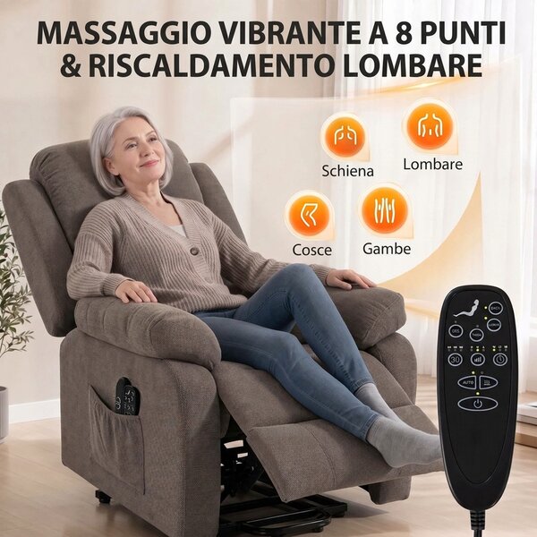 HOMCOM Poltrona Alzapersona Elettrica Reclinabile Con Massaggio e Riscaldamento in Lino Marrone Chiaro | Aosom Italy