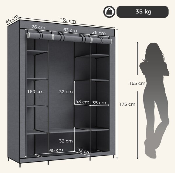 HOMCOM Armadio in Tessuto Salvaspazio con Barra Appendiabiti e 11 Ripiani, 135x45x175 cm, per Camera da Letto, Grigio | Aosom Italy