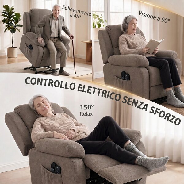 HOMCOM Poltrona Alzapersona Elettrica Reclinabile Con Massaggio e Riscaldamento in Lino Marrone Chiaro | Aosom Italy