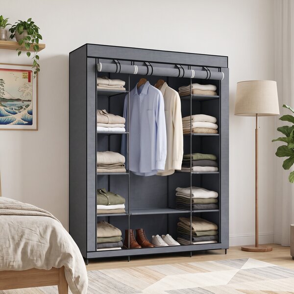HOMCOM Armadio in Tessuto Salvaspazio con Barra Appendiabiti e 11 Ripiani, 135x45x175 cm, per Camera da Letto, Grigio | Aosom Italy