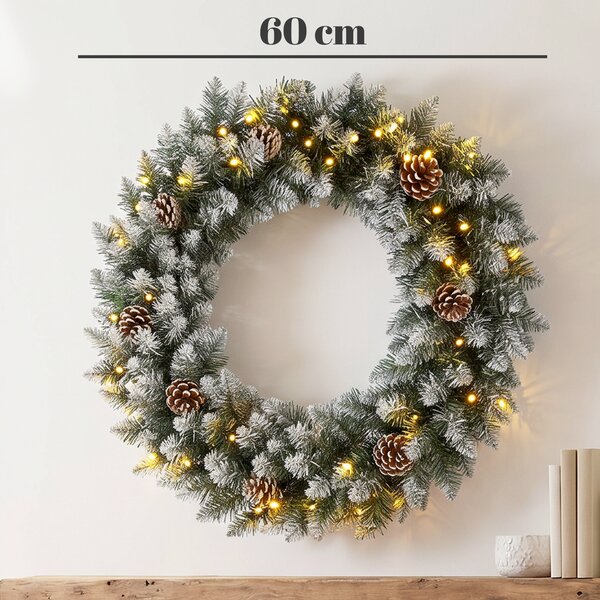 HOMCOM Ghirlanda Natalizia Innevata da 60 cm con Luci LED 8 Modalità, 140 Rami, Pigne, Corona di Natale, Verde | Aosom Italy
