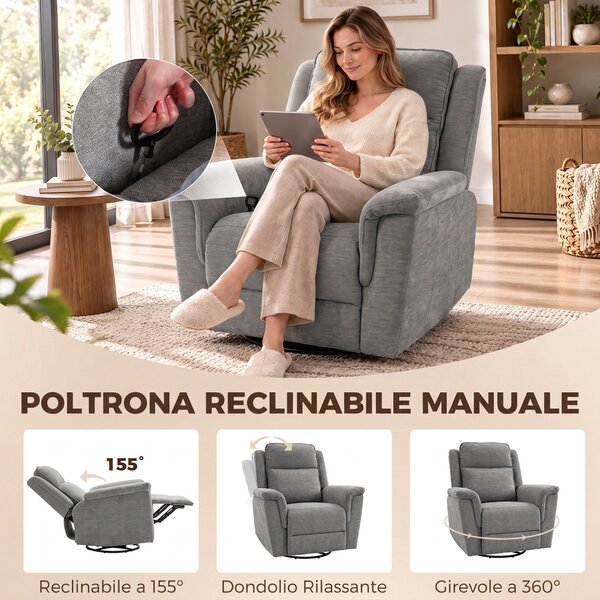 HOMCOM Poltrona Reclinabile Manuale 155° con Poggiapiedi, Girevole 360° in Ciniglia per Soggiorno, Grigio Chiaro | Aosom Italy