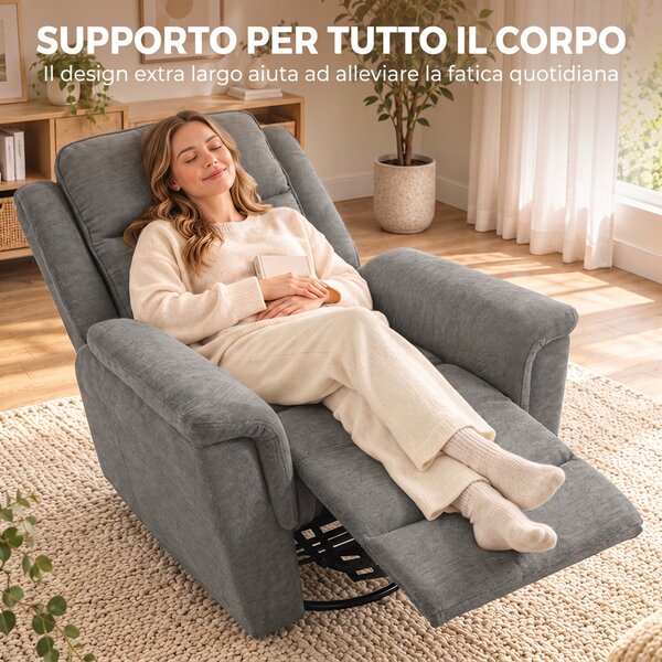 HOMCOM Poltrona Reclinabile Manuale 155° con Poggiapiedi, Girevole 360° in Ciniglia per Soggiorno, Grigio Chiaro | Aosom Italy