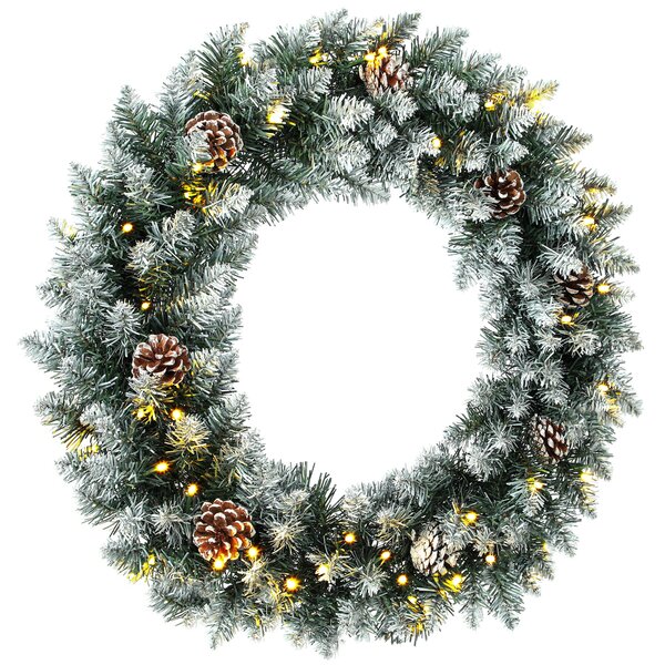 HOMCOM Ghirlanda Natalizia Innevata da 60 cm con Luci LED 8 Modalità, 140 Rami, Pigne, Corona di Natale, Verde | Aosom Italy