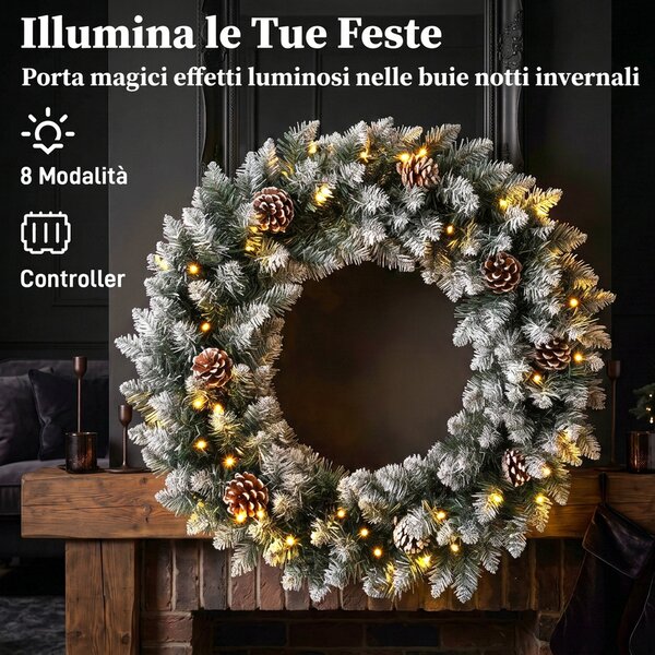 HOMCOM Ghirlanda Natalizia Innevata da 60 cm con Luci LED 8 Modalità, 140 Rami, Pigne, Corona di Natale, Verde | Aosom Italy