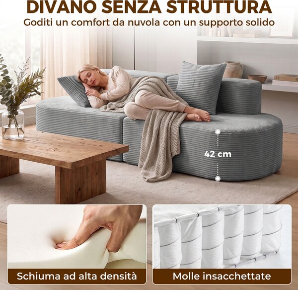 HOMCOM Divano 3 Posti Modulare, Seduta Ampia e Profonda, con Molle Insacchettate, in Velluto a Coste, Grigio Chiaro | Aosom Italy