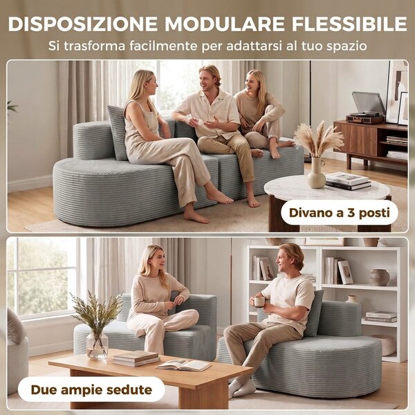 HOMCOM Divano 3 Posti Modulare, Seduta Ampia e Profonda, con Molle Insacchettate, in Velluto a Coste, Grigio Chiaro | Aosom Italy