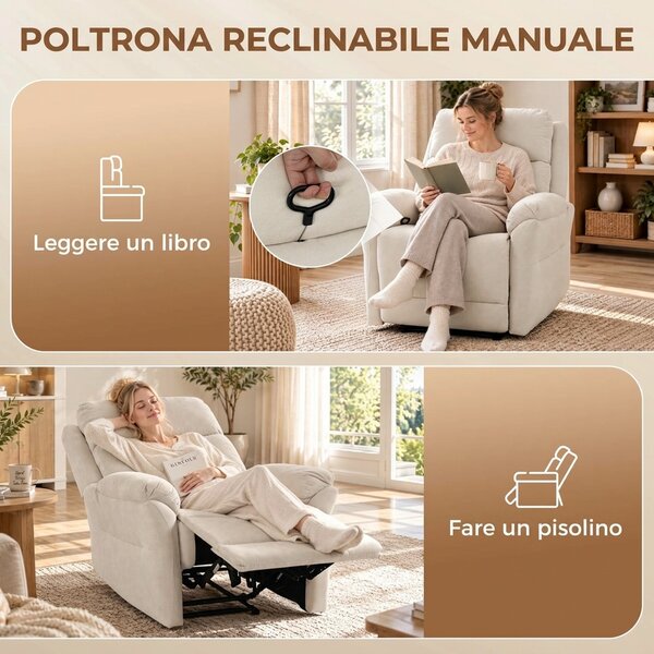 HOMCOM Poltrona Reclinabile Manuale Salvaspazio con Poggiapiedi, Seduta a Molle, Schienale Morbido, Crema | Aosom Italy