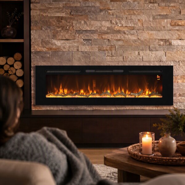 HOMCOM Camino Elettrico da 170 cm a Incasso o a Parete, 1500W, Timer 24 Ore, Fiamma Regolabile, Cristalli | Aosom Italy