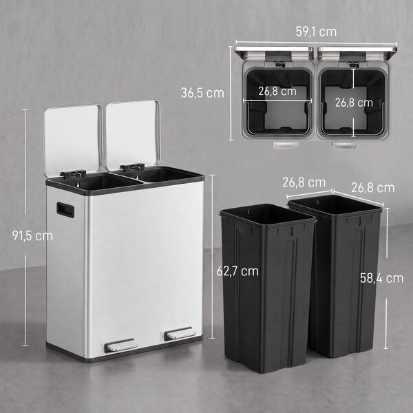 HOMCOM Pattumiera Cucina 2 x 30L, Bidone a Pedale in Acciaio Inox con Secchi Estraibili e Chiusura Ammortizzata, Argento | Aosom Italy