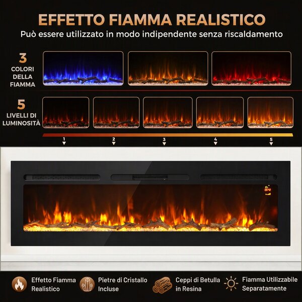 HOMCOM Camino Elettrico da 170 cm a Incasso o a Parete, 1500W, Timer 24 Ore, Fiamma Regolabile, Cristalli | Aosom Italy
