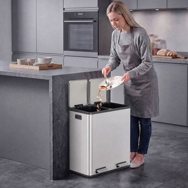 HOMCOM Pattumiera Cucina 2 x 30L, Bidone a Pedale in Acciaio Inox con Secchi Estraibili e Chiusura Ammortizzata, Argento | Aosom Italy