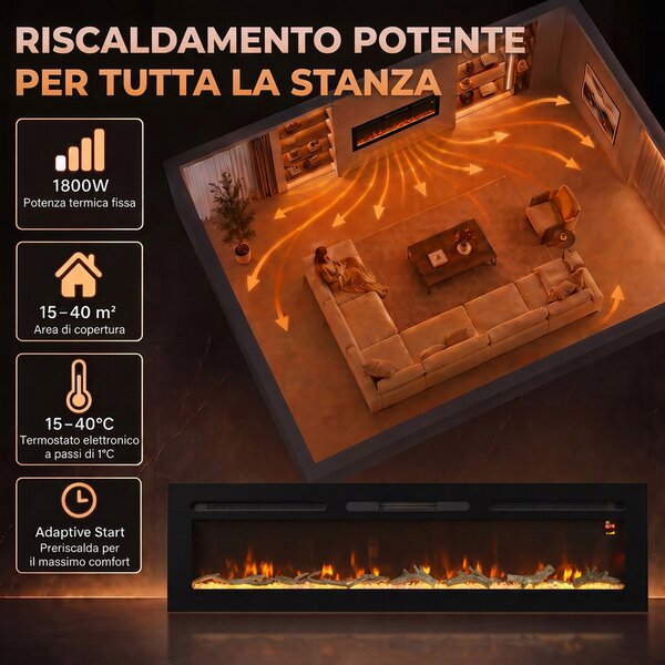 HOMCOM Camino Elettrico da 170 cm a Incasso o a Parete, 1500W, Timer 24 Ore, Fiamma Regolabile, Cristalli | Aosom Italy