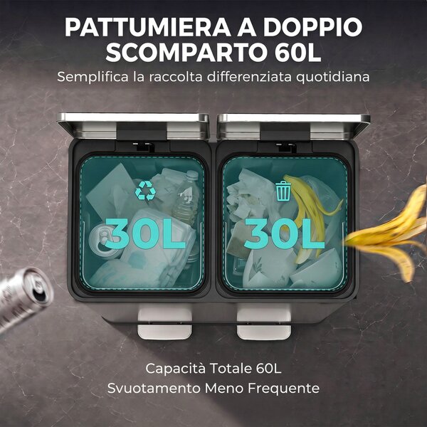 HOMCOM Pattumiera Cucina 2 x 30L, Bidone a Pedale in Acciaio Inox con Secchi Estraibili e Chiusura Ammortizzata, Argento | Aosom Italy