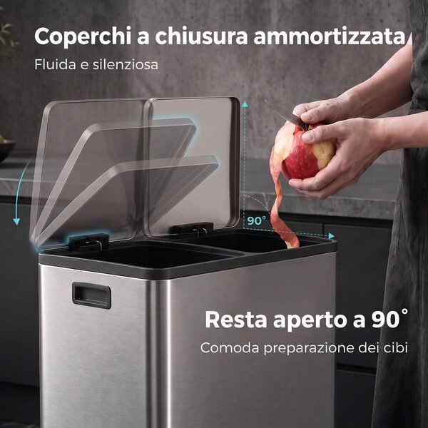 HOMCOM Pattumiera Cucina 2 x 30L, Bidone a Pedale in Acciaio Inox con Secchi Estraibili e Chiusura Ammortizzata, Argento | Aosom Italy